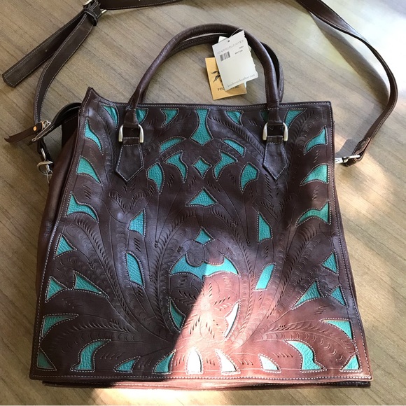 Gorgeous Western Spirit of the Red Horse Brown and Turquoise Leather Bag - Picture 6 of 9